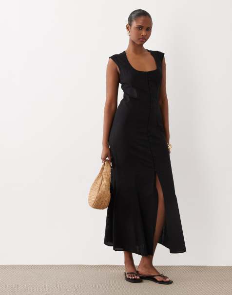 ASOS DESIGN – Czarna zapinana na guziki letnia sukienka midi z kwadratowym dekoltem - view 1