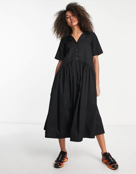 ASOS DESIGN – Czarna zapinana na guziki sukienka midi o luźnym kroju z kołnierzykiem z diagonalu - view 1