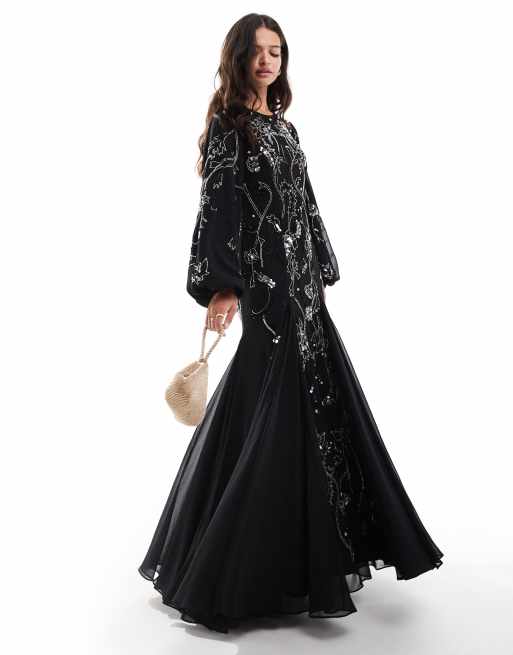 ASOS DESIGN – Czarna zdobiona sukienka maxi ze spódnicą z godetami i balonowymi rękawami