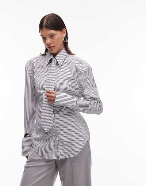 ASOS DESIGN cinched shoulder pad shirt with tie in black pinstripe