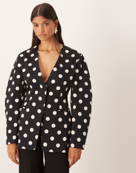 ASOS DESIGN – Czarna zwężana w talii marynarka bez kołnierza w groszki, część zestawu - view 1