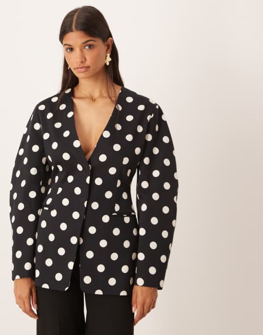 ASOS DESIGN – Czarna zwężana w talii marynarka bez kołnierza w groszki, część zestawu