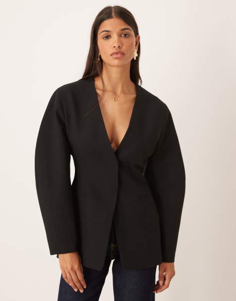 ASOS DESIGN collarless cinch waist blazer in black