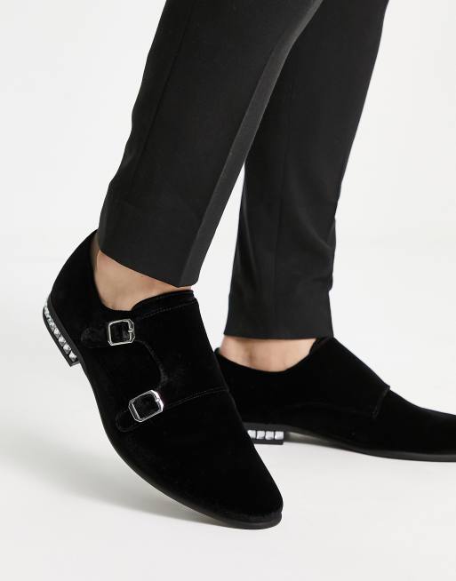 ASOS DESIGN – Czarne aksamitne buty monki z dwiema klamrami i obcasami zdobionymi strasami