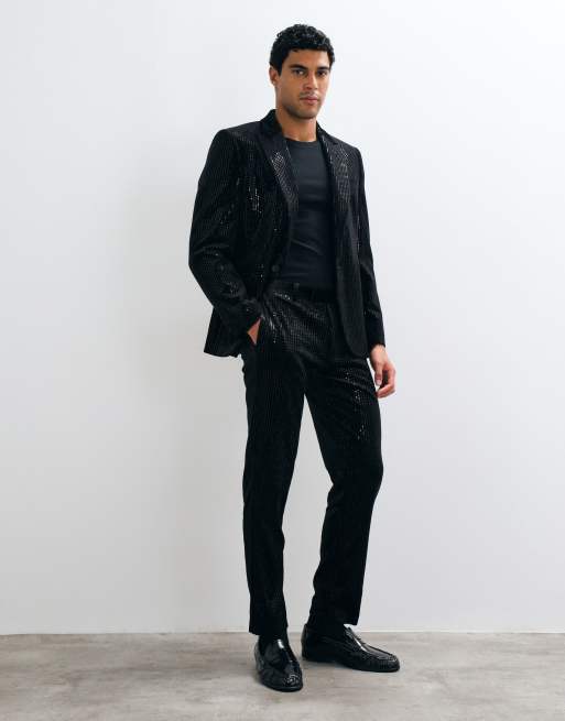 ASOS DESIGN slim suit in velvet sequin in black, 2 z 3