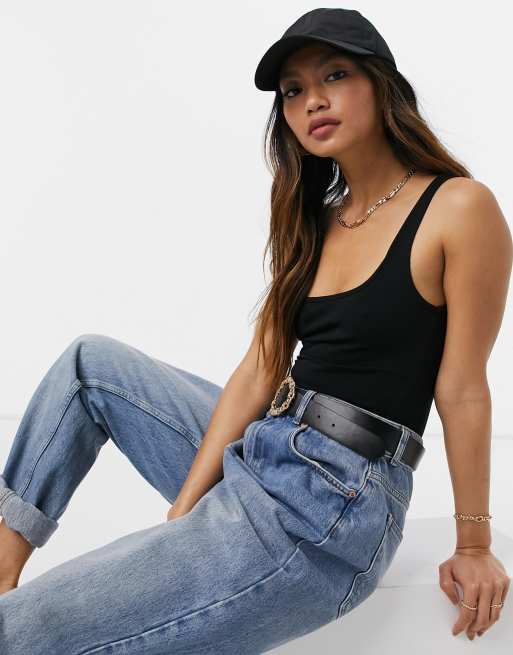 ASOS DESIGN – Czarne bawełniane body bez rękawów i z dekoltem w kształcie litery U - BLACK