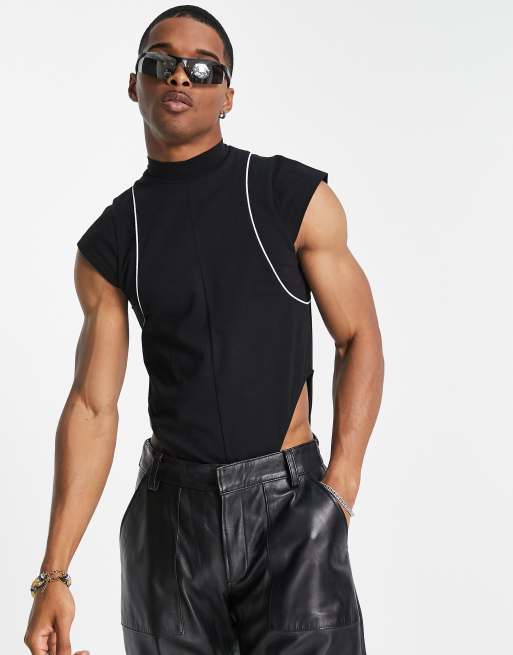 ASOS DESIGN – Czarne body o kroju podkreślającym sylwetkę z wysoko zabudowanym dekoltem i ozdobnymi szwami 