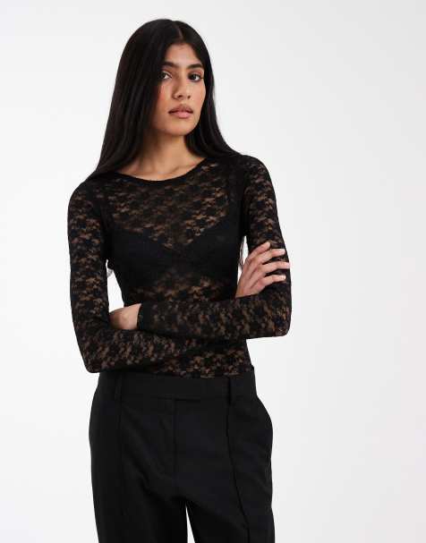 ASOS DESIGN – Czarne body z długimi rękawami z prześwitującej koronki - view 1