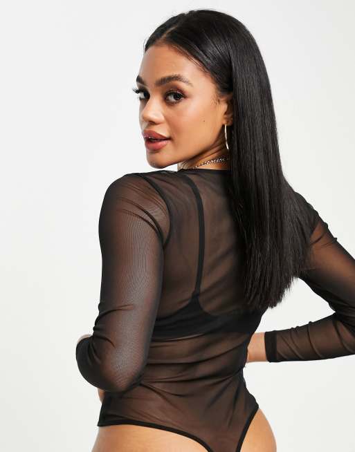 ASOS DESIGN – Czarne body z długimi rękawami z siateczki , 3 z 4