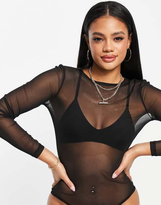 ASOS DESIGN – Czarne body z długimi rękawami z siateczki , 4 z 4