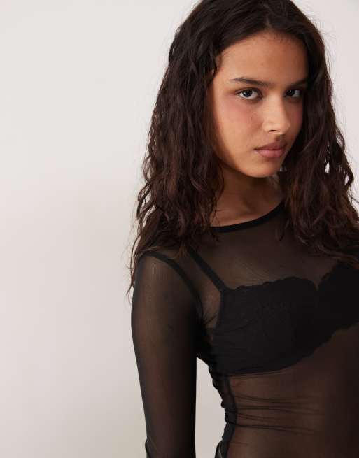 ASOS DESIGN – Czarne body z długimi rękawami z siateczki , 3 z 4