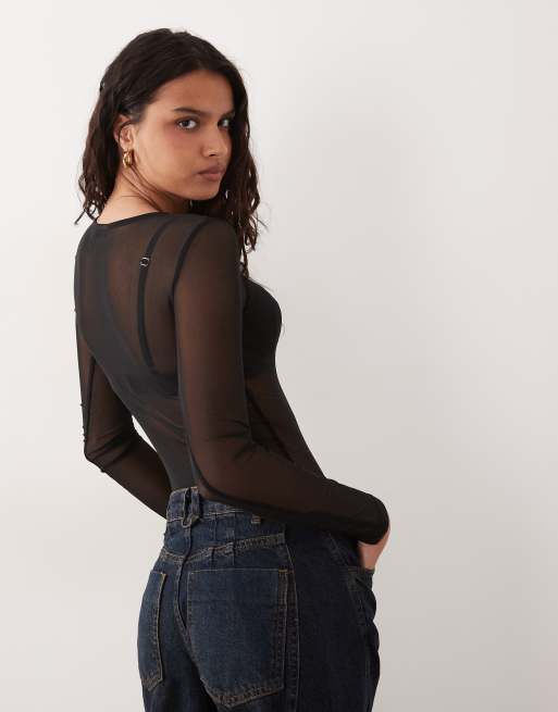 ASOS DESIGN – Czarne body z długimi rękawami z siateczki , 4 z 4