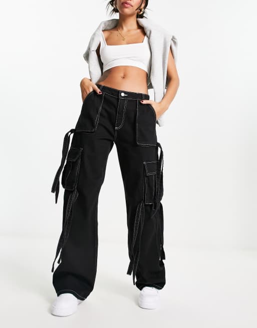 ASOS DESIGN – Czarne bojówki jeansowe z kontrastową nicią