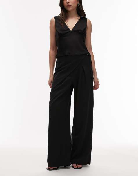 ASOS DESIGN slinky twill tailored wide leg trouser with skirt wrap detail in black
