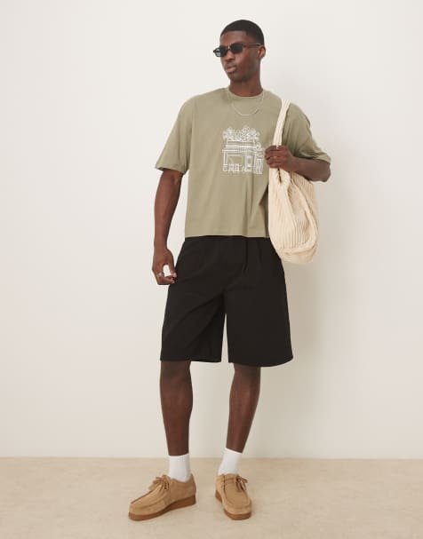 ASOS DESIGN long length shorts with double pleats in black