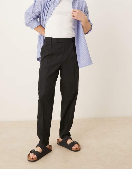 ASOS DESIGN – Czarne eleganckie luźne spodnie ze zwężanymi nogawkami i zakładkami z przodu z mieszanki lnu