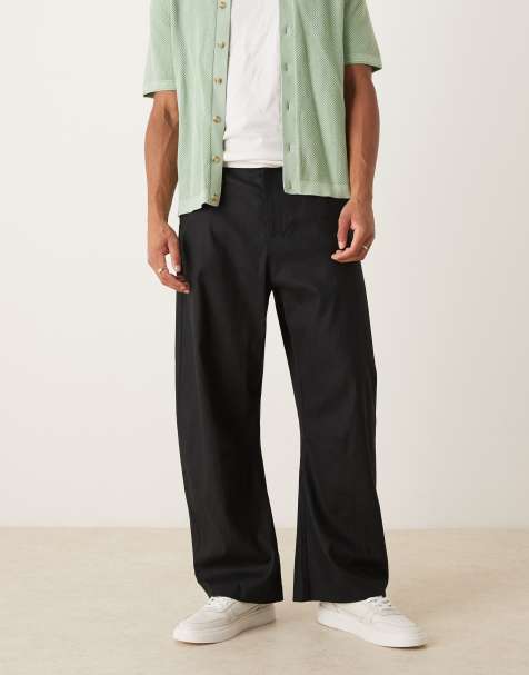 ASOS DESIGN smart barrel leg fit trousers in black linen