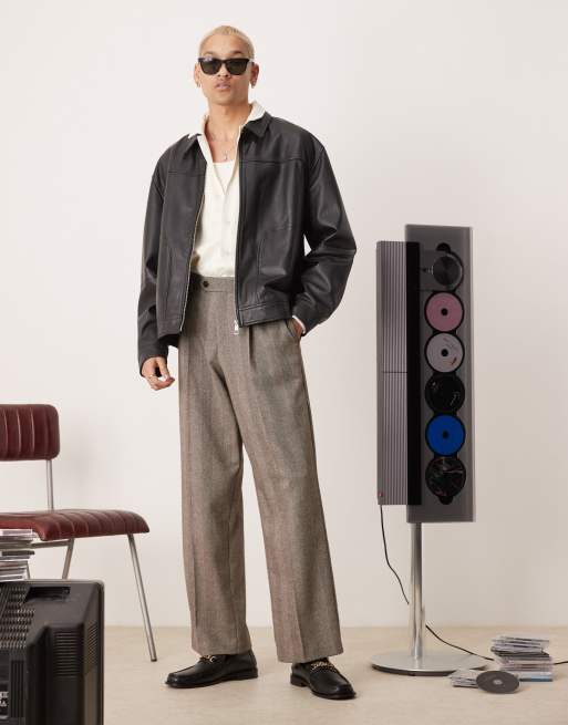 ASOS DESIGN – Czarne eleganckie spodnie z domieszką wełny z szerokimi nogawkami, zakładkami z przodu i wzorem w jodełkę