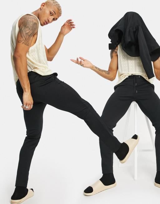 ASOS DESIGN – Czarne eleganckie spodnie z dżerseju o bardzo obcisłym kroju z troczkami w pasie