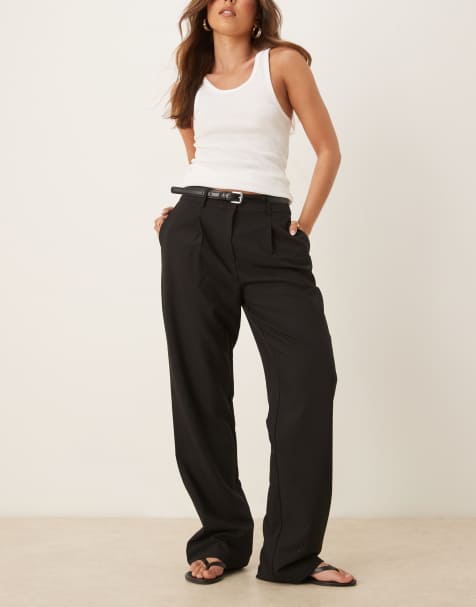 ASOS DESIGN tailored straight leg trousers with faux leather belt in black