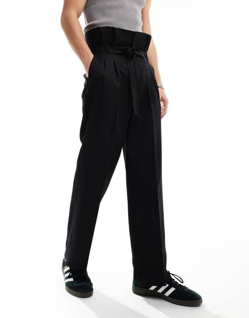ASOS DESIGN – Czarne eleganckie spodnie z szerokimi nogawkami i talią paperbag
