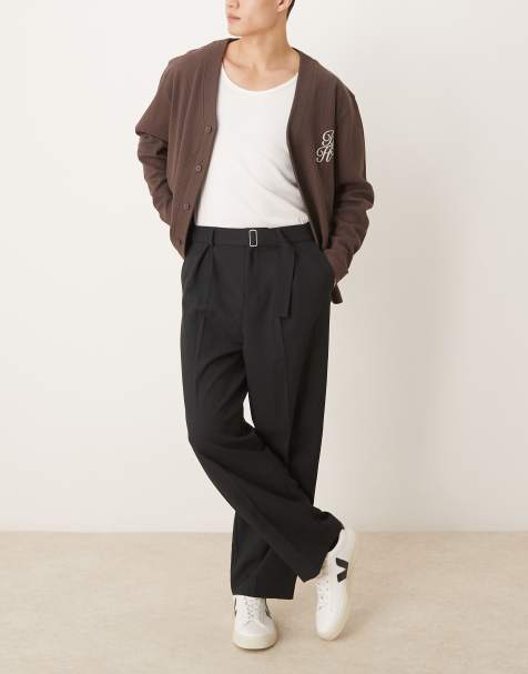 ASOS DESIGN – Czarne eleganckie spodnie z szerokimi nogawkami, paskiem i zakładkami z przodu - view 1