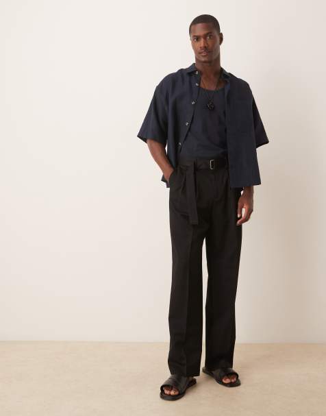 ASOS DESIGN smart belted wide leg trousers with double pleats in black