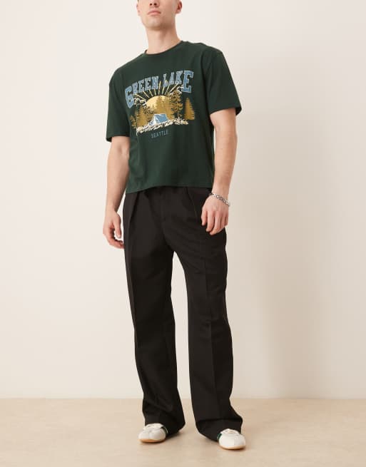 ASOS DESIGN – Czarne eleganckie spodnie z szerokimi nogawkami z zakładkami z przodu i wiązanym paskiem