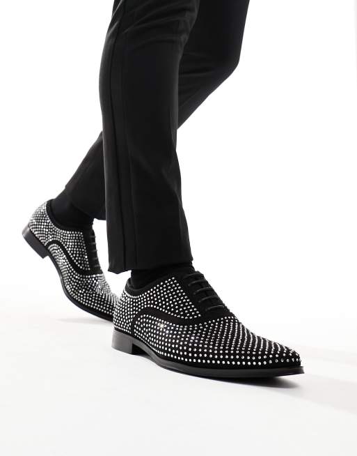 ASOS DESIGN – Czarne eleganckie sznurowane buty z imitacji zamszu zdobione srebrnymi kryształkami