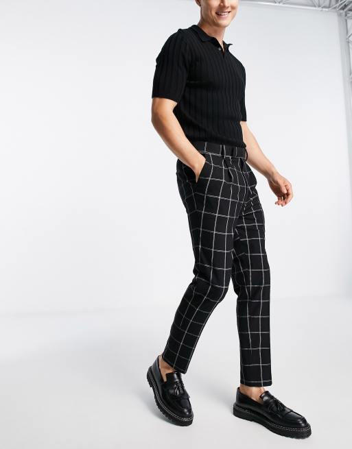 ASOS DESIGN – Czarne eleganckie zwężane spodnie w szeroką kratę