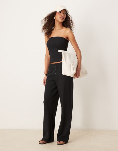 ASOS DESIGN wide leg waffle trouser in black