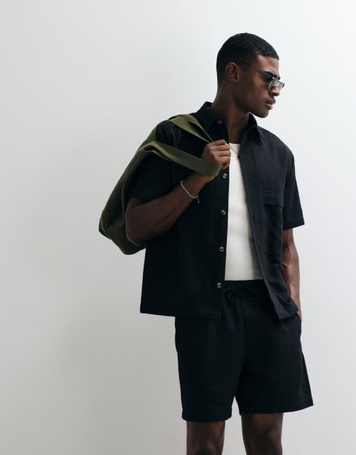 ASOS DESIGN – Czarny fakturowany zestaw: koszula i szorty, 2 z 3