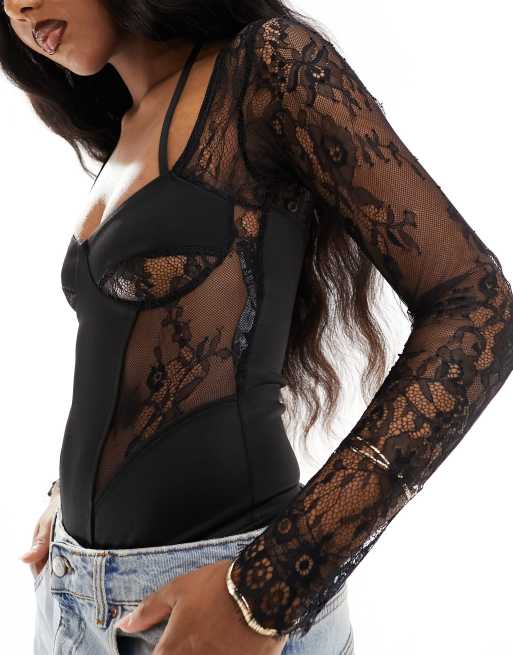 ASOS DESIGN – Czarne gorsetowe body z koronkowymi wstawkami i bolerkiem, 2 z 4