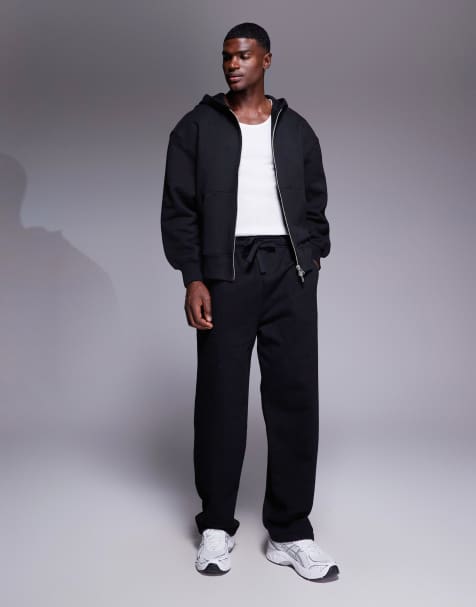 ASOS DESIGN premium heavyweight straight leg joggers in 400gsm in black 
