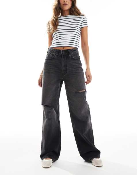 ASOS DESIGN wide leg dad jeans with rips washed black