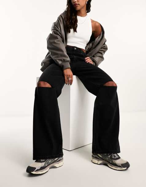 ASOS DESIGN wide leg dad jeans with rips in washed black