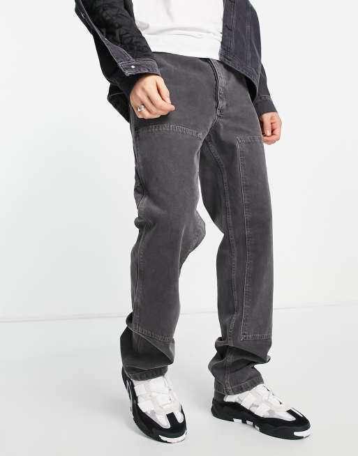 ASOS DESIGN – Czarne jeansy typu carpenter z szerokimi prostymi nogawkami i efektem sprania