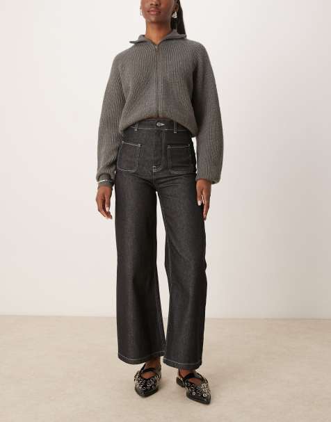 ASOS DESIGN – Czarne jeansy z szerokimi nogawkami o krótkim fasonie, naszytymi kieszeniami i kontrastowymi szwami w kolorze ecru - view 1