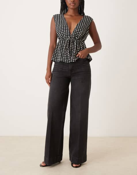 ASOS DESIGN high waist wide leg jeans with front pockets in black 
