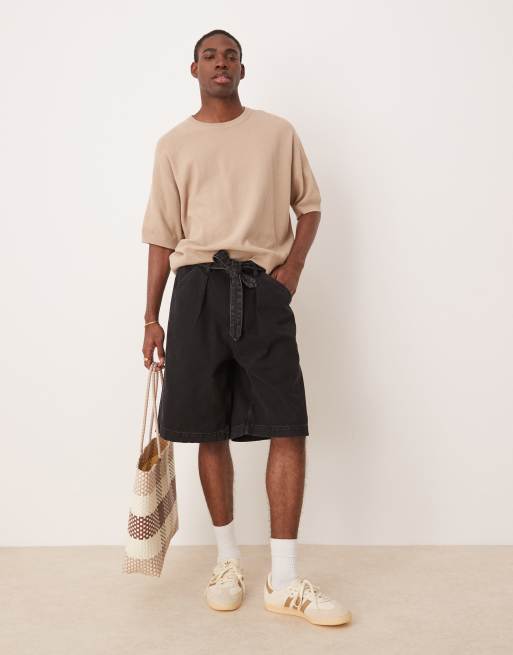 ASOS DESIGN – Czarne jortsy jeansowe o wydłużonym fasonie z zakładkami i wiązaniem