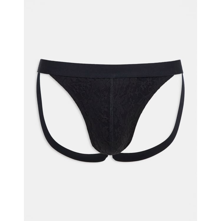 ASOS DESIGN – Czarne koronkowe majtki typu jock strap ASOS