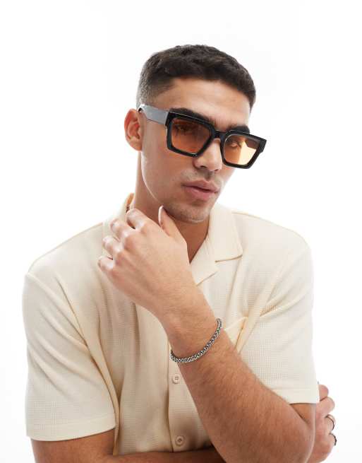 ASOS DESIGN – Czarne kwadratowe okulary przeciwsłoneczne ze skośnymi oprawkami i bursztynowymi soczewkami