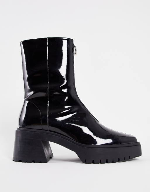 ASOS DESIGN – Czarne lakierowane skórzane sztyblety na grubym obcasie z kwadratowymi noskami i zamkiem z przodu