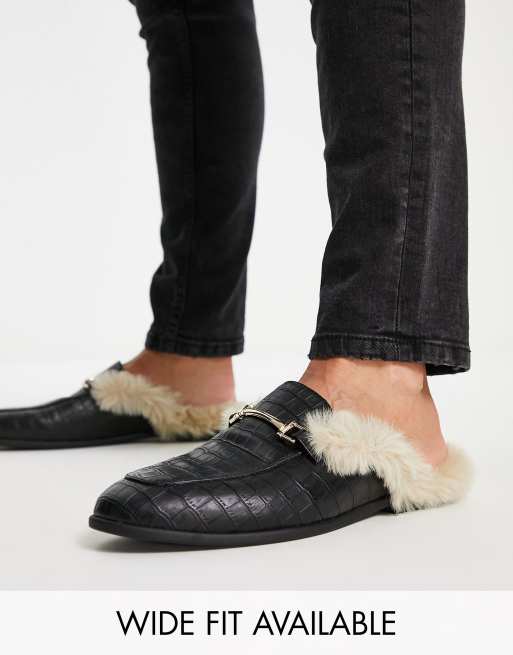 ASOS DESIGN – Czarne loafersy bez pięty z imitacji skóry ze sztucznym futerkiem