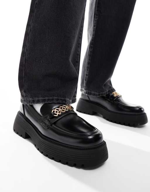 ASOS DESIGN – Czarne loafersy na grubej podeszwie ze złotym wędzidełkiem