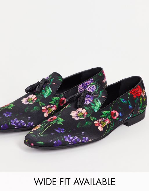 ASOS DESIGN – Czarne loafersy z ozdobnym frędzlem i kwiatowym wzorem