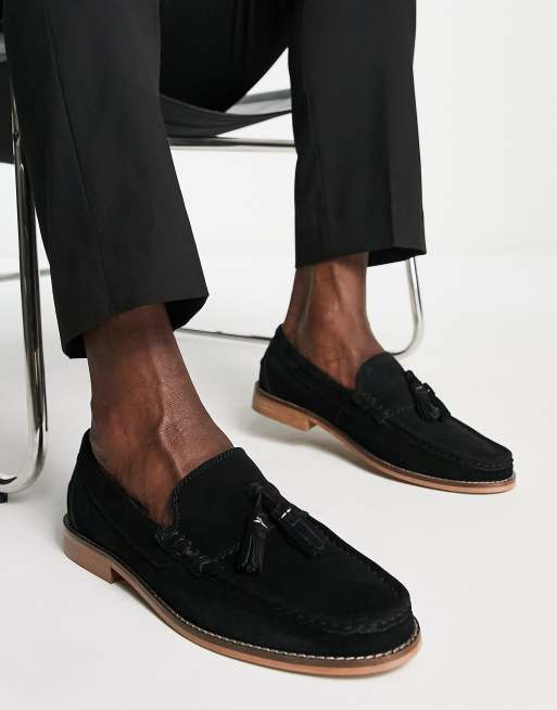 ASOS DESIGN – Czarne loafersy ze skóry zamszowej, z frędzlami i naturalną podeszwą