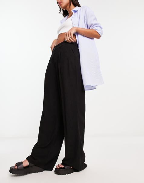 ASOS DESIGN relaxed straight leg trousers with linen in black