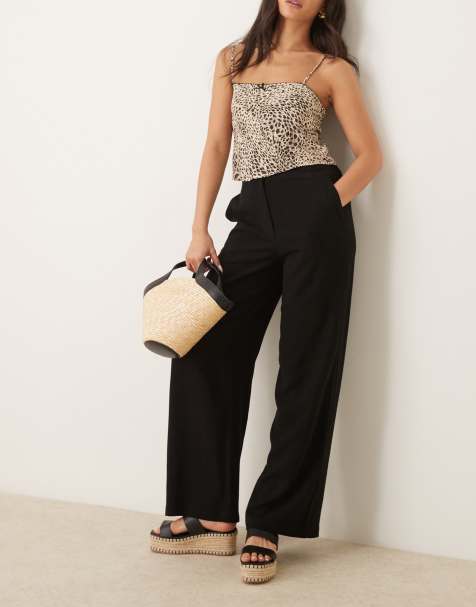 ASOS DESIGN relaxed straight leg trousers with linen in black