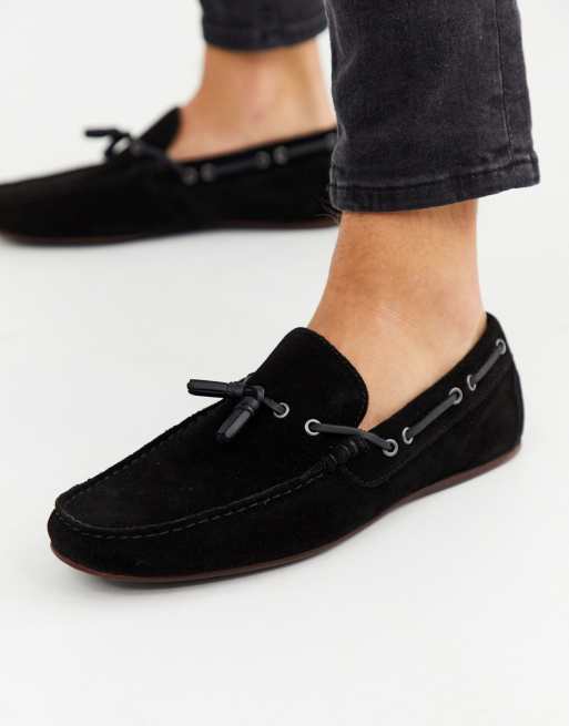 ASOS DESIGN – Czarne mokasyny ze sztrusku z ozodbnym paskiem z frędzlami